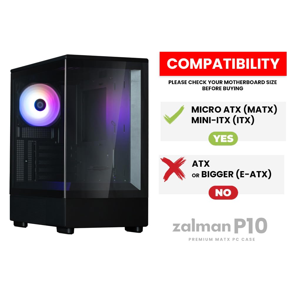 Zalman P10 Micro ATX Case, MATX PC Case with 120mm ARGB Fan Pre-Installed, Panoramic View Tempered Glass Front & Side Panel, USB Type-C and USB 3.0