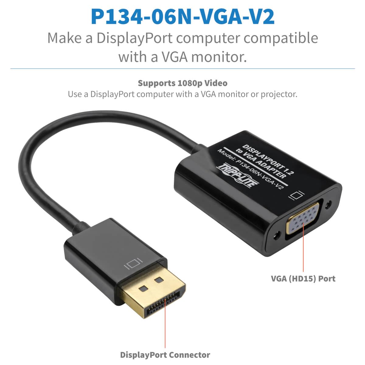 Tripp Lite Eaton Tripp Lite DisplayPort to VGA Adapter Cable Active Converter, Displayport 1.2, DP to VGA, 6 inches / 15.2 Centimeters, 3-Year