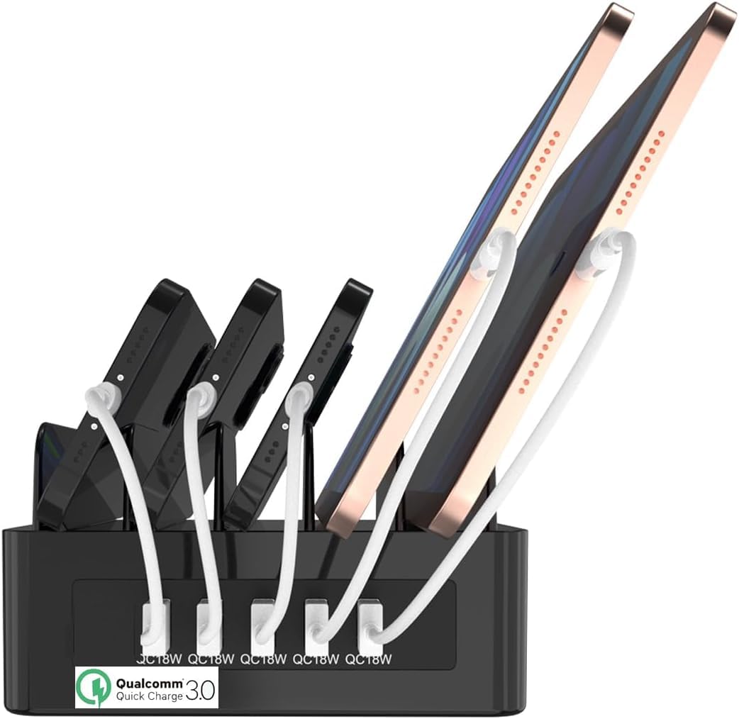 Qvouaw Multi Fast Charging Station,with 5 USB QC 3.0 Port,5V3A 12V1.5A?18W? 5-Port USB Charger for Multiple Device with SmartIC Tech Stand Compatible