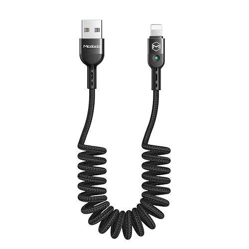 mcdodo Anti Winding Cable, LED Coiled Cord Nylon Braided Sync Charge USB Data 6FT/1.8M Cable Compatible New iPhone 14/13/12/11 Pro Max (Black…