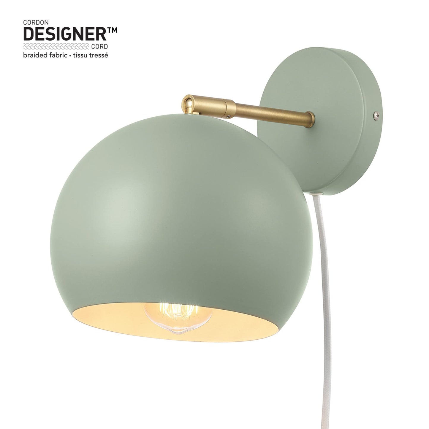 Globe Electric 65866 Willow 1-Light Plug-in or Hardwire Wall Sconce, Sage Green, Matte Brass Accent, Bulb Not Included