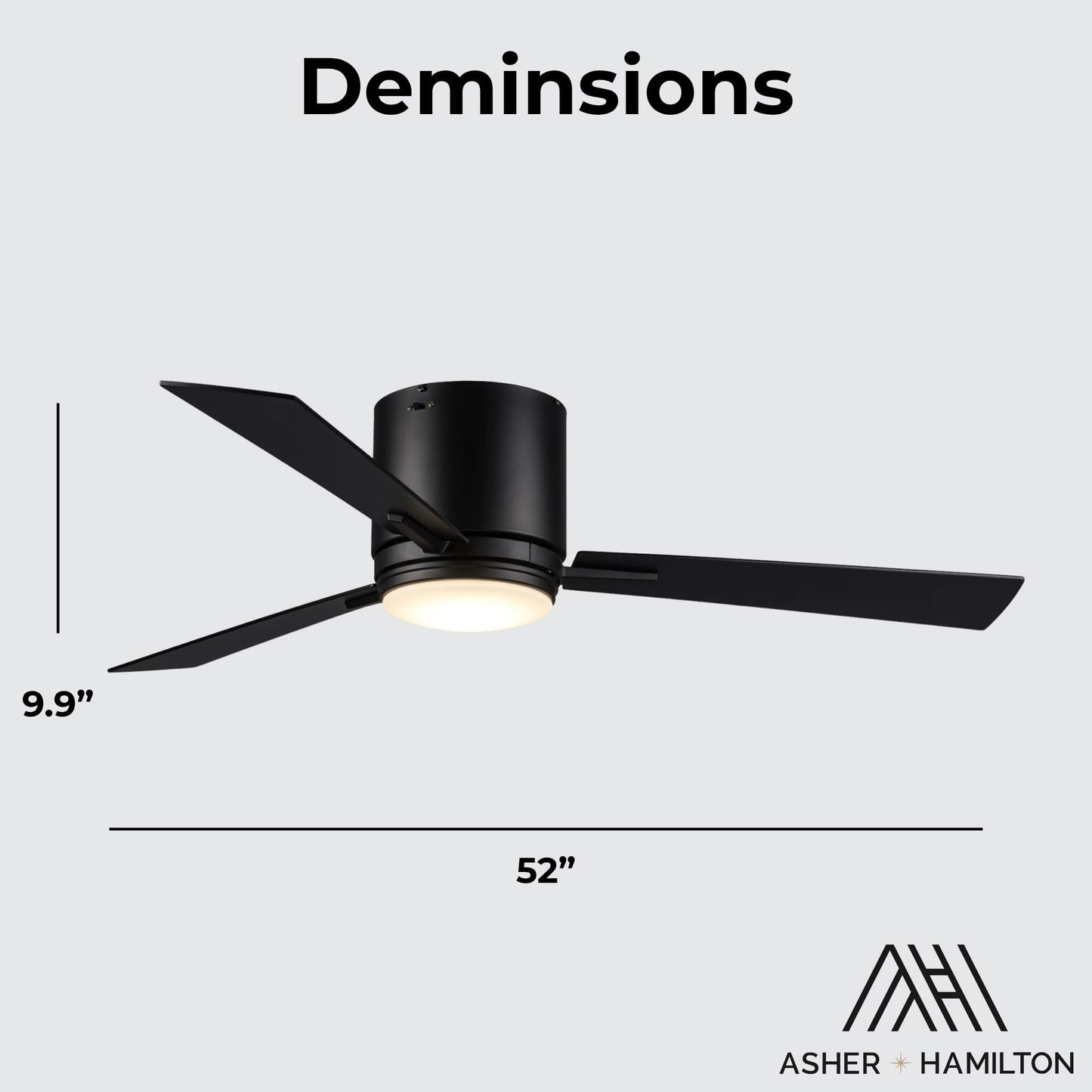 Asher Hamilton AHF-213BK Vero 52 Inch Low Profile Indoor Ceiling Fan | Integrated LED 22 Watts 1160 Lumens 3000K | 3 Blade Flush Mount Design |