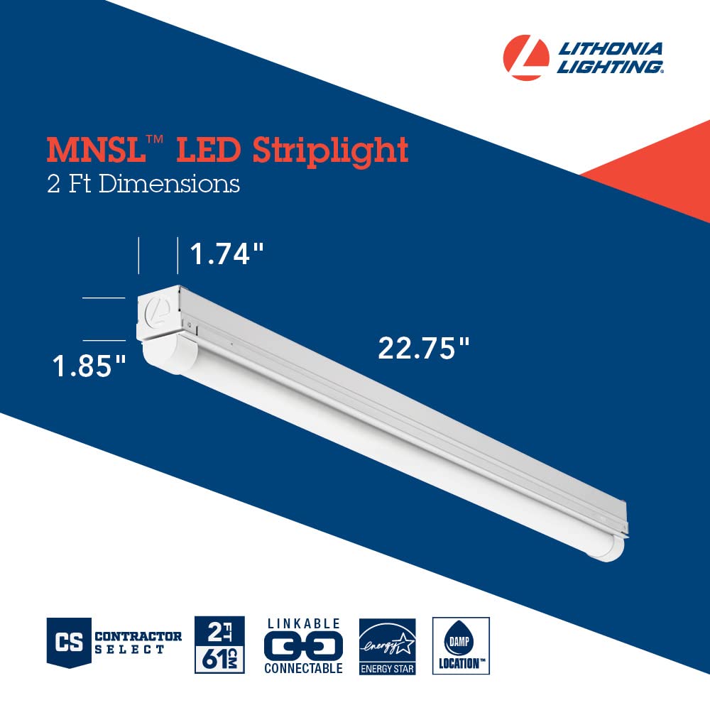 Lithonia Lighting 1 Light LED Strip Light, 2 Foot LED Ceiling Lighting Fixture, 1250 Lumens, 4000K, 80CRI, 11W, Kitchen and Garage Use (MNSL L23 1LL