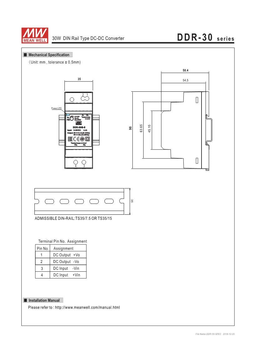 Meanwell DDR-30L-12 12V 2.5A 30W DIN Rail Type DC-DC Converter