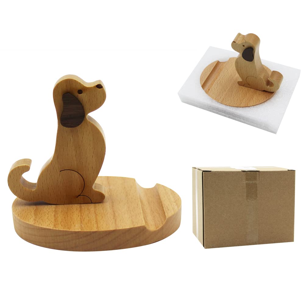 Amamcy Cute Dog Cellphone Holder Stand Wooden Smartphone Desk Holder for All Mobile Phones Animal Phone Stand Desk Ornament