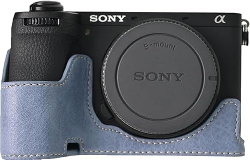 A6700 Case, BMAOLLONGB Handmade PU Leather Half Camera Case Bag Cover Bottom Opening Version for Sony Alpha A6700 with Neck Strap (Blue)