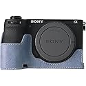 A6700 Case, BMAOLLONGB Handmade PU Leather Half Camera Case Bag Cover Bottom Opening Version for Sony Alpha A6700 with Neck Strap (Blue)