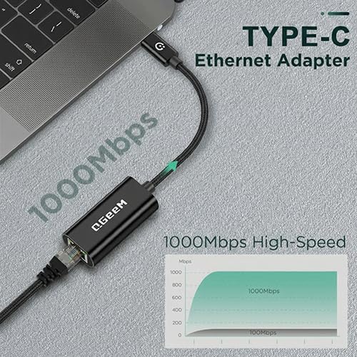 QGeeM USB C to Ethernet Adapter, 1000Mbps Gigabit RJ45 LAN Network Dongle, Thunderbolt 4/3 Compatible, Braided Nylon Aluminum Case for iPhone 17 16 15