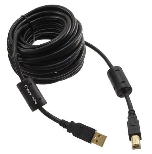 Cablesonline, 20 Feet Hi-Speed USB 2.0 A-Male to B-Male Cable with Two Ferrite Cores, 20-awg, Gold Plated, Black, (Usb2-ab20k)
