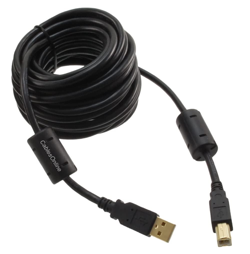Cablesonline, 20 Feet Hi-Speed USB 2.0 A-Male to B-Male Cable with Two Ferrite Cores, 20-awg, Gold Plated, Black, (Usb2-ab20k)