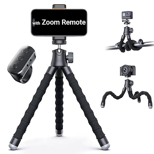 Flexible Phone Tripod with Zoom Wireless Remote for iPhone Video Recording, Mini Octopus Camera Stand for Content Creator, Bendable 360° Adjustable