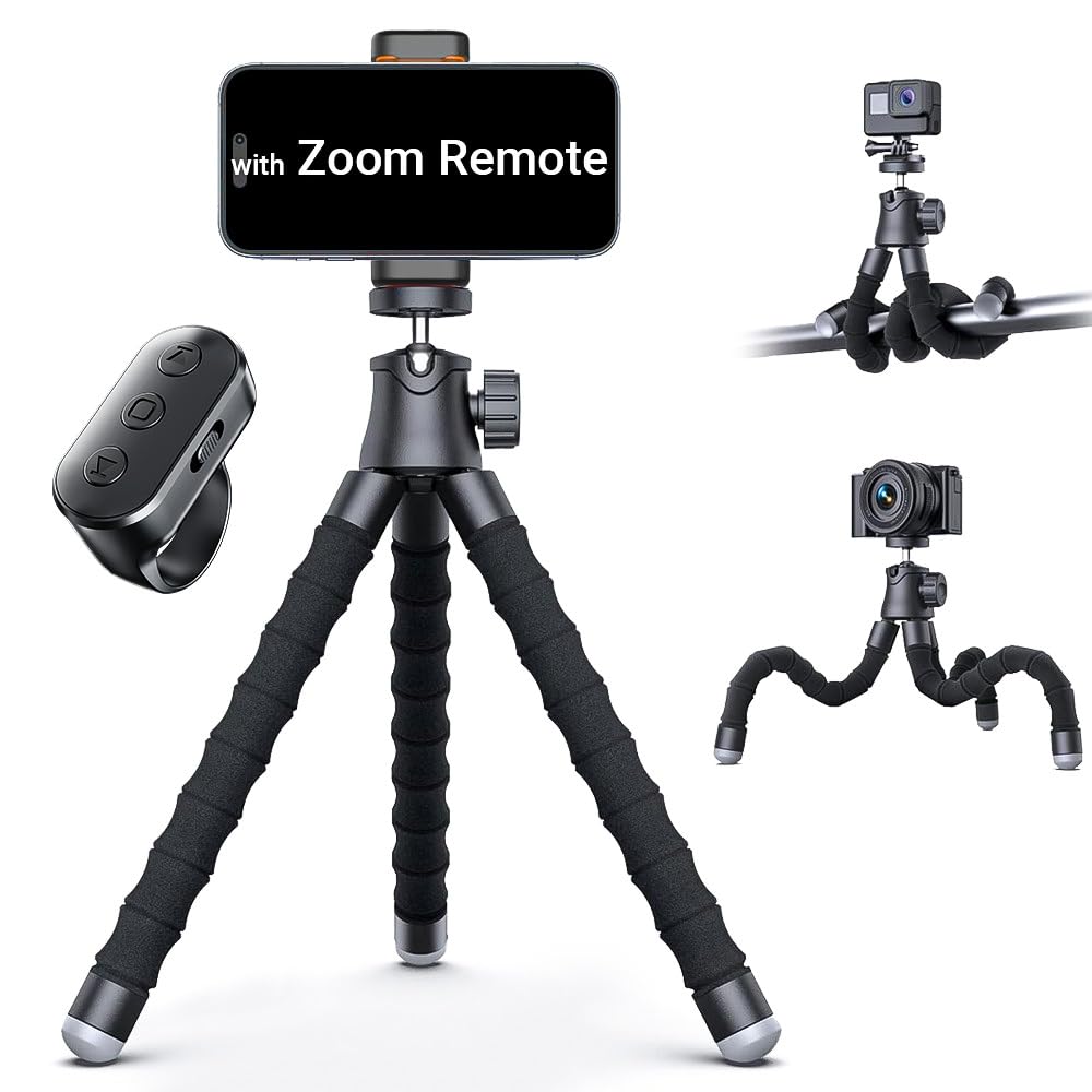 Flexible Phone Tripod with Zoom Wireless Remote for iPhone Video Recording, Mini Octopus Camera Stand for Content Creator, Bendable 360° Adjustable
