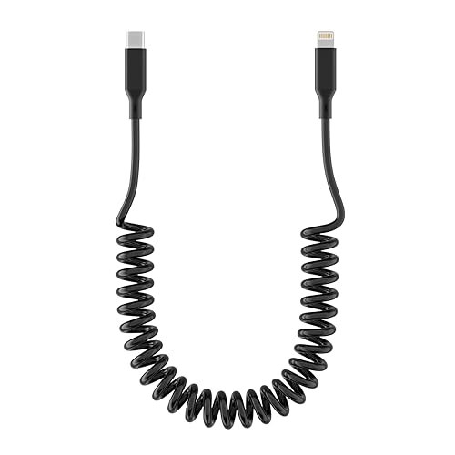 Coiled USB-C to Lightning Cable, Apple CarPlay Compatible, MFi Certified Retractable iPhone Charger Cord for Car With Data Sync, for iPhone/iPad