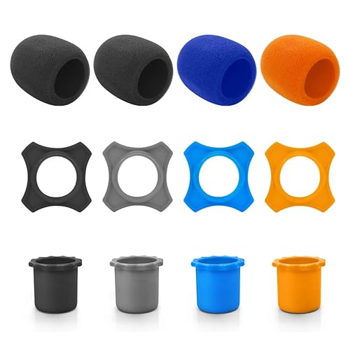 12 Pieces Shakeproof Anti-Rolling Handheld Microphone Windscreen Foam Cover & Mic Protection Silicone Ring & Bottom Rod Sleeve Holder Set for KTV