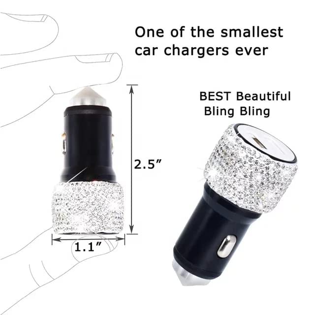 Dual USB Car Charger Bling Bling Handmade Rhinestones Crystal Car Decorations for Fast Charging Car Decors for iPhone, iPad Pro/Air 2/Mini, Samsung
