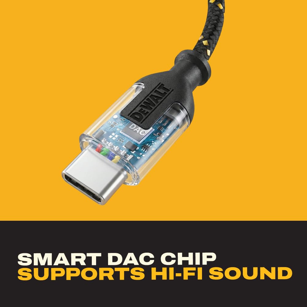 DEWALT Aux to USB C Adapter - 3.5mm to USB C Audio Headphone Jack Dongle with DAC Chip, CTIA Compatible, Kevlar-Reinforced Cable for iPhone 17 16 15