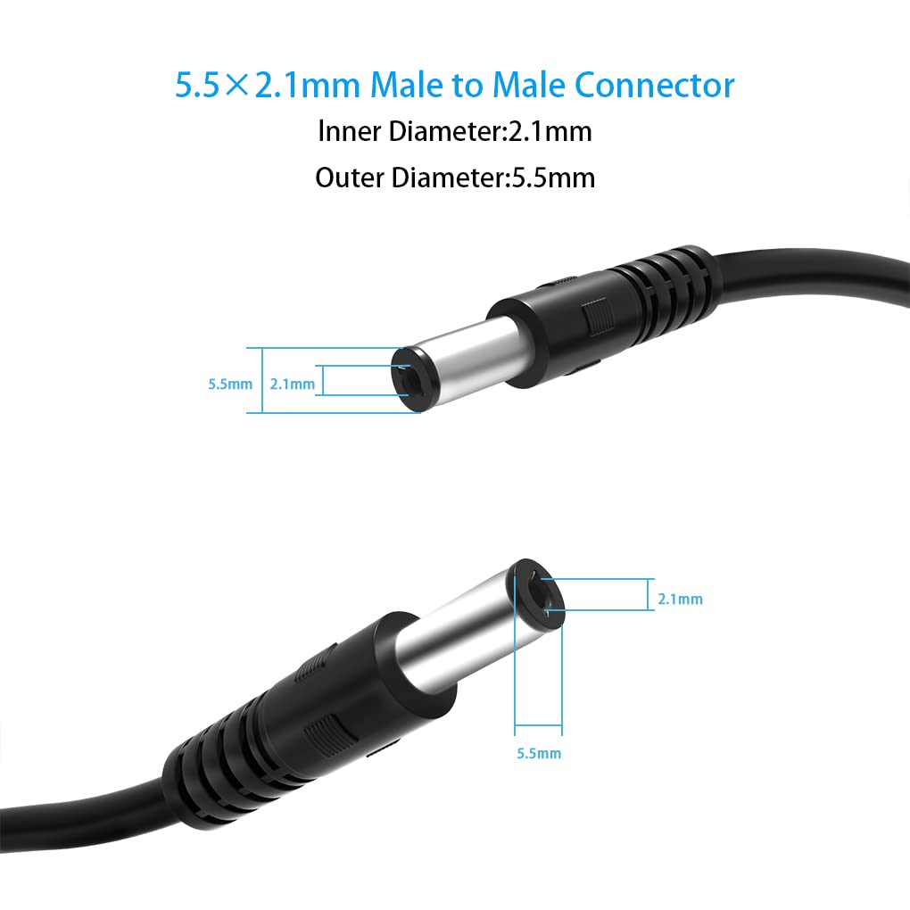 2-Pack Male to Male DC Extension Cord 5.5mm x 2.1mm,12v DC Power Extension Cable for Security Camera,Dvr Standalone LED Strip,Car,CCTV IP