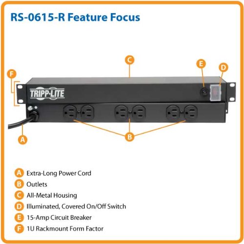 Tripp Lite 6 Outlet Rackmount Network-Grade PDU Power Strip, Rear-Facing, 1U, 15A, 15ft Cord with 5-15P Plug (RS-0615-R)