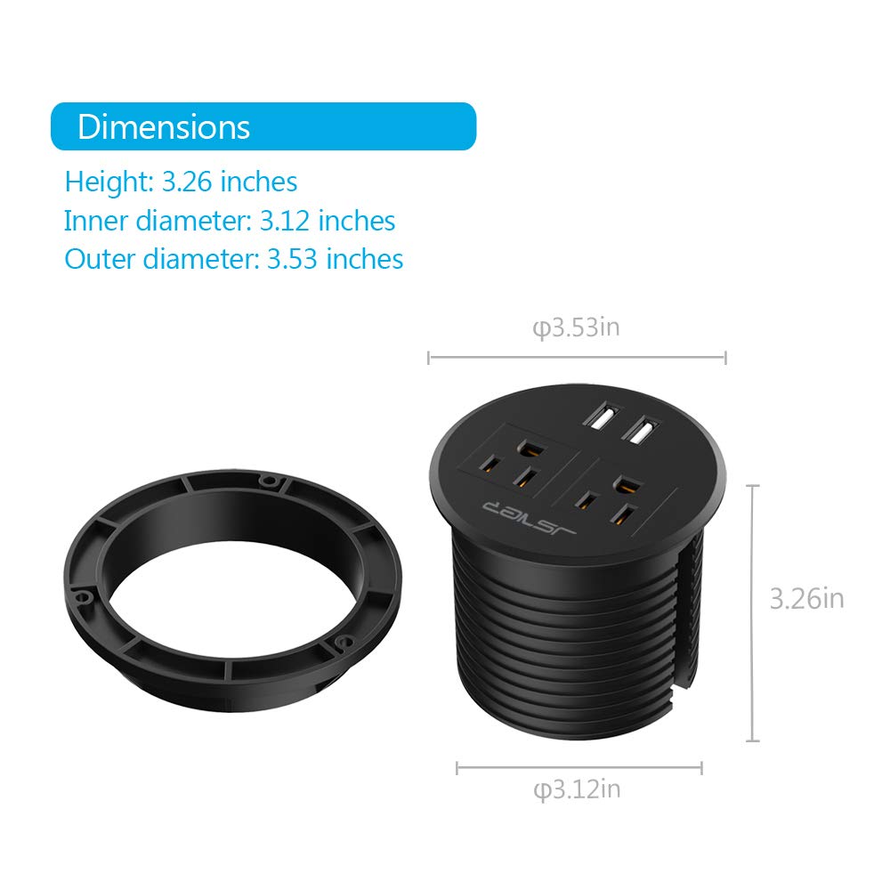 Desktop Power Grommet JSVER Mini Desktop Power Strip Hide Recessed Power Grommet Socket with 2 AC Outlets and 2 USB Charging Ports,Cable for a 3-1/8
