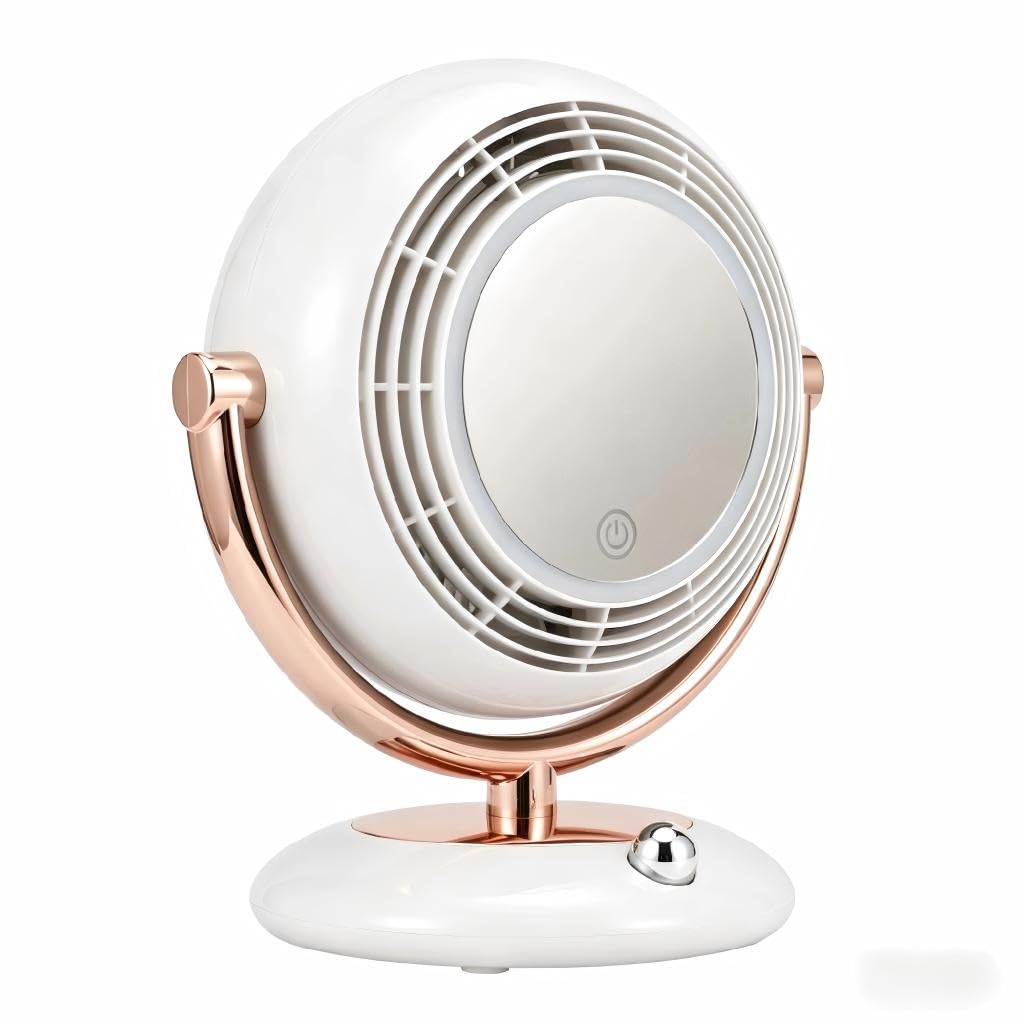 EZMind Retro-Style Makeup Mirror Desktop Portable Fan, Desktop Dressing Mirror with Built-in Fan, Equipped with LED Lighting, Warm and Cool Tone