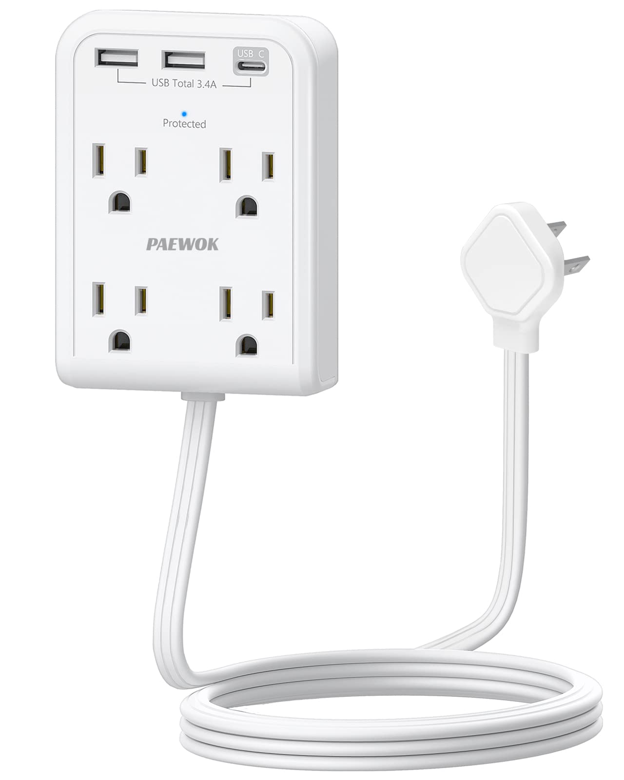Surge Protector Power Strip, Outlet Extender Stick with USB C Ports, 4 Outlet 3 USB, 4 FT Extension Cord Flat Wall Plug, Home Office Dorm Room