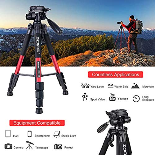 55" Tripod Q111 Travel Camera Tripod with 3-Way Pan Head and Phone Holder Mount for Gopro,Projector,Smartphones Webcam,Spotting Scopesto Live