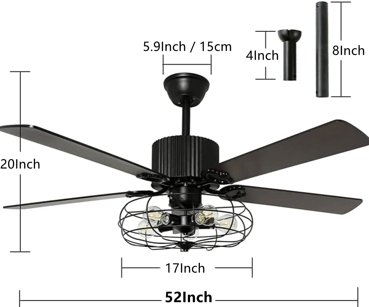 efperfect 52Inch Industrial Ceiling Fan with Light, Vintage Metal Cage Ceiling Fans Reversible Retro 5 Wood Blades Remote 3 Speeds Timer Light Fixture