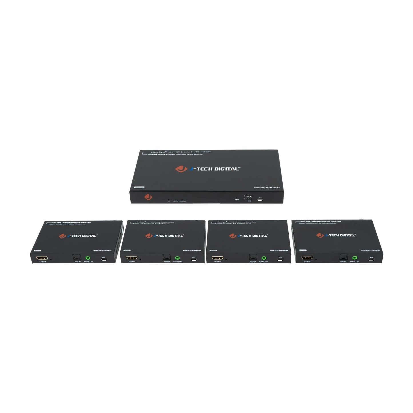 J-Tech Digital HDMI Extender Splitter 4K 60Hz 1 in 4 Out Over Single Cat5e/6 Ethernet Cable Up to 196ft. Supports 4K Downscale Audio Extraction PoC
