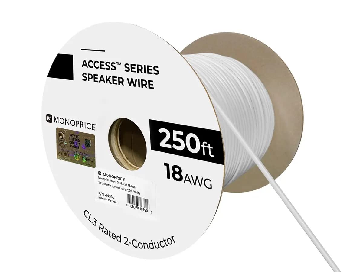 Monoprice Speaker Wire - CL3 in-Wall Rated, 2-Conductor, Color Coded, 18AWG, 250 Feet, White