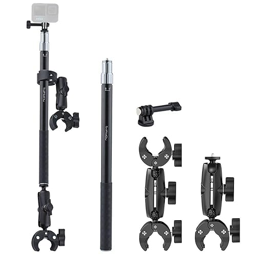 360 Camera Motorcycle Mount Kit - Telescopic Selfie Stick 17-43" with 360° Handlebar Clamp - Compatible with GoPro Insta360 Action Cameras - Aluminum