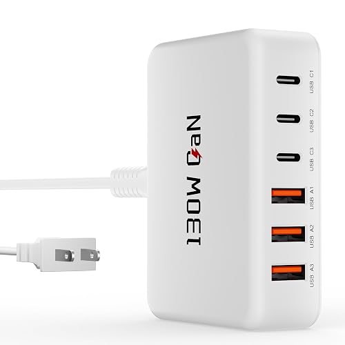 130W Charging Station for Multiple Devices, GaN 6 Port USB C Fast Charger Block for iPhone 17 16 15 14 Pro Max, iPad, Pixel, Galaxy S25 S24 S23