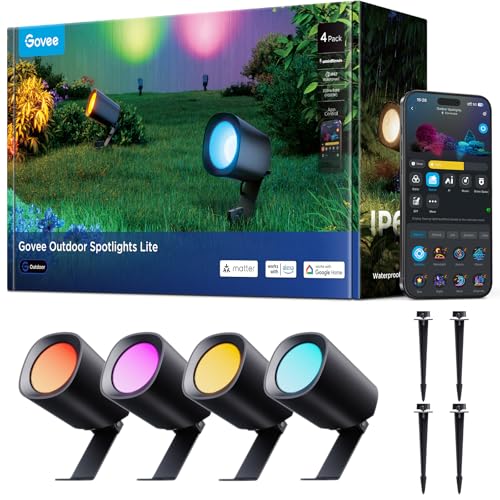 Govee Outdoor Spotlights Lite 4 pack, IP67 Waterproof Spotlights, Landscape Lighting Work with Alexa, Matter and Google Assistant, RGBWIC Color