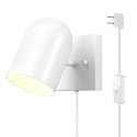 Globe Electric 65000146 1-Light Plug-in or Hardwire Wall Sconce, Matte White, 6ft White Braided Fabric Cord, in-Line Rocker Switch, Wall Lights