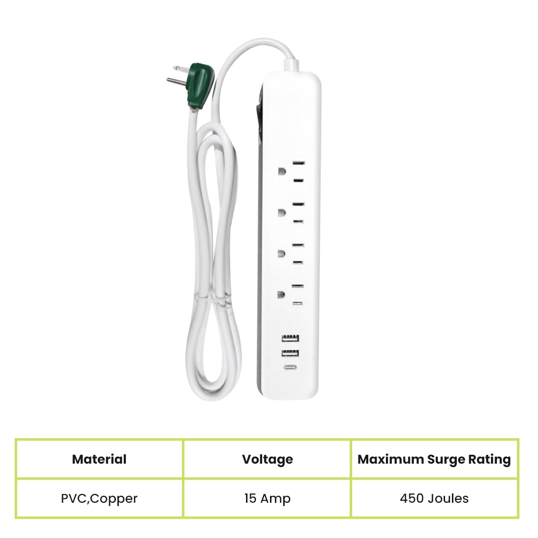 Go Green Power Inc. 6-ft Cord Surge Protector with 4 Outlets, USB-A and USB-C, 450 Joules - Compact, Heavy Duty, Circuit Breaker - Ideal for Home