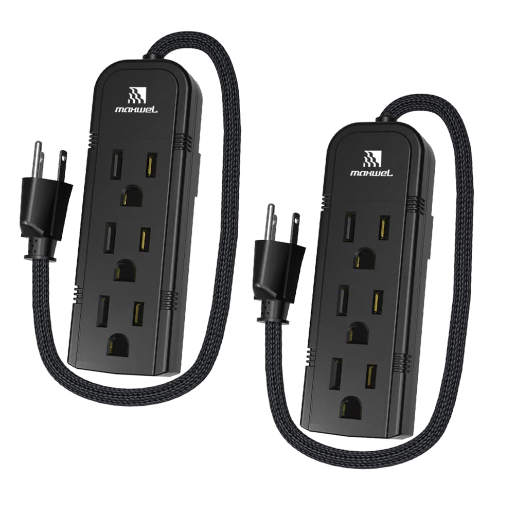 2Pack Small Power Strip Black Outlet - 1FT Heavy Duty Power Extension Cord, Mini Size Portable 3 Outlet Power Strip for Office,Computer,Home