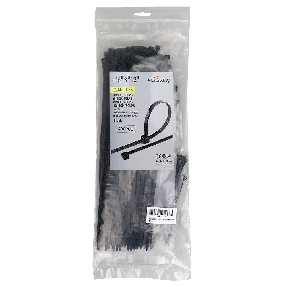 Each 100 Pack KOOWIN 4+6+8+12 inch Self-Locking Eco-Friendly Black Nylon Plastic Cable Zip Ties Assorted Sizes Heavy Duty Wire Tie Wraps for Home
