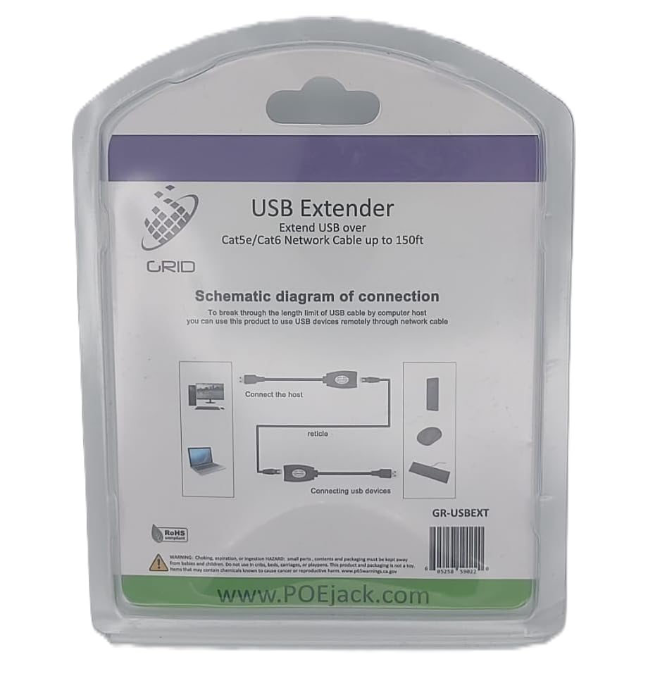 POE-Jack Grid Networking USB Extender Over Network Cable (Cat6a, Cat6, Cat5e, Cat5) up to 150ft. RJ45, Male USB, Female USB Connections. GR-USBEXT