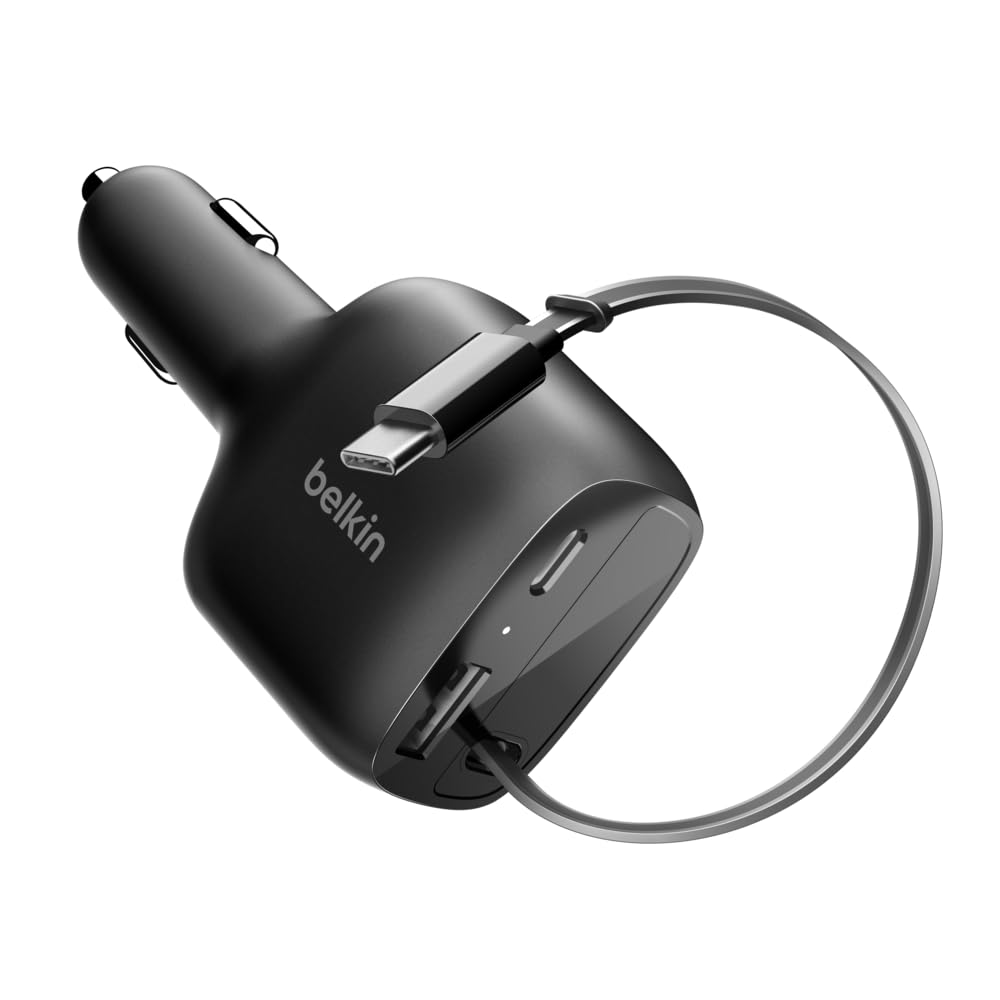 Belkin USB C Car Charger 75W w/ 30in USB C Retractable Charger, Compatible with iPhone 17 & 16 Series, Galaxy S26 Series, AirPods, Tablet, MacBook