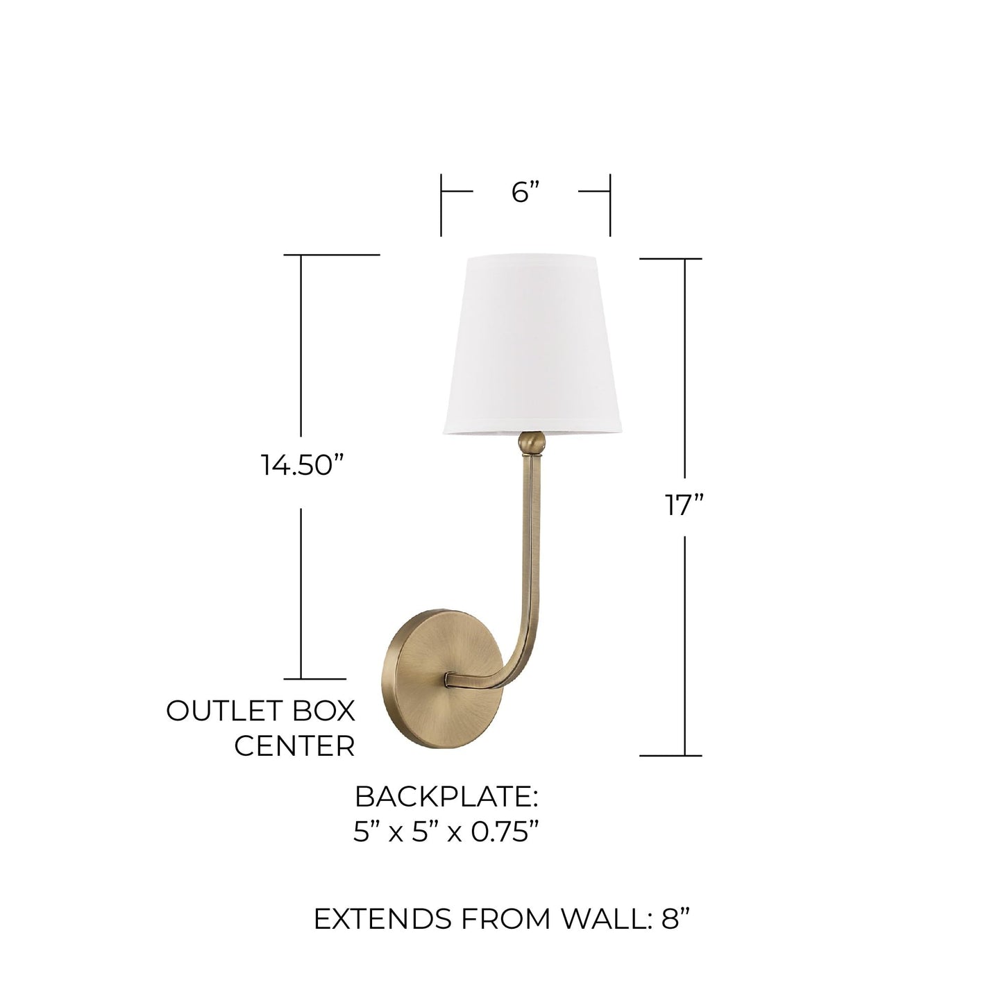 Capital Lighting 619311AD-674 Dawson Decorative White Fabric Stay-Straight Shade Wall Sconce, 1-Light 60 Watt, 17" H x 6" W, Aged Brass
