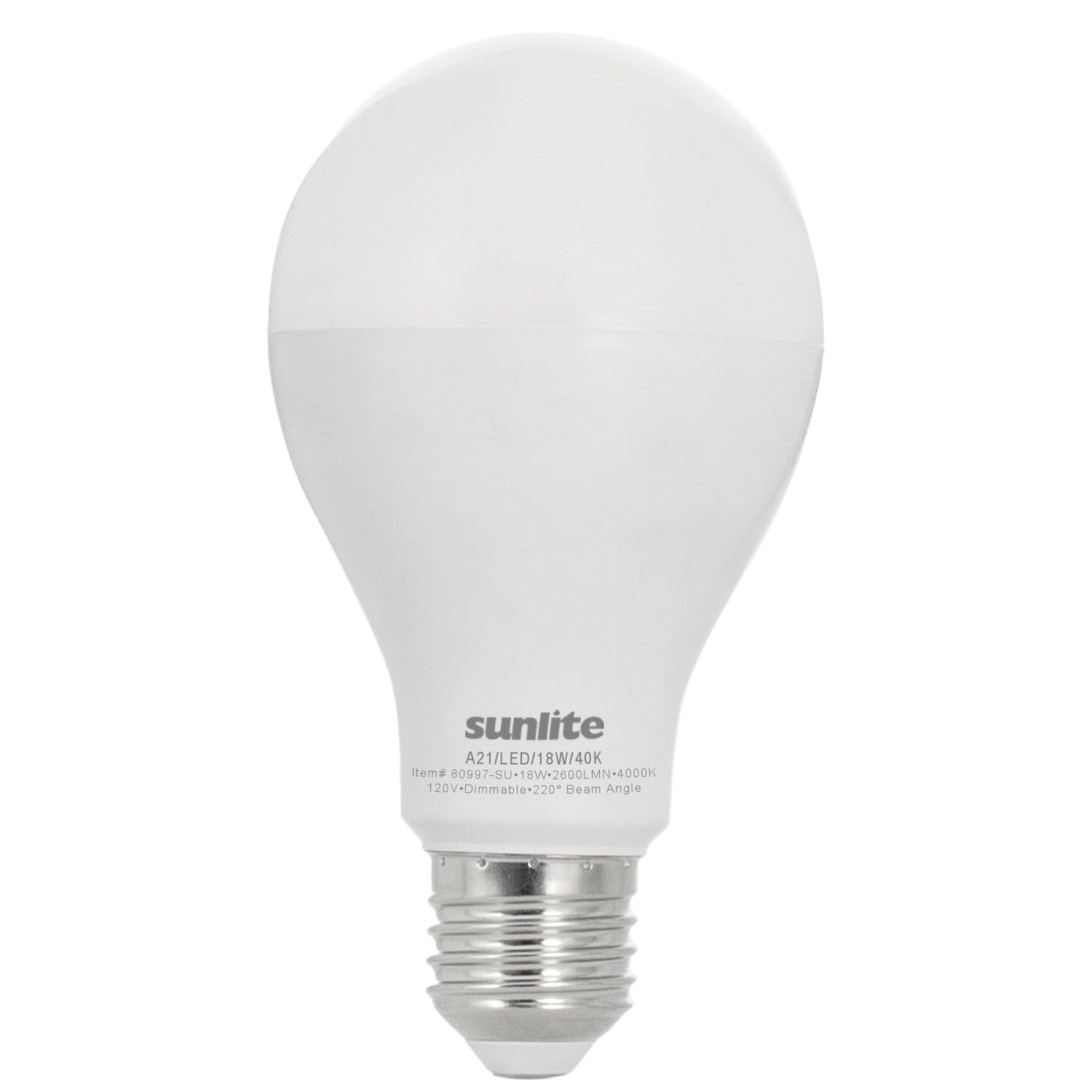 Sunlite LED A21 Light Bulb, 18 Watts (150W Equivalent), 2600 Lumens, 120V, Dimmable, Medium E26 Base, 220 Degree Beam Angle, UL Listed, RoHS