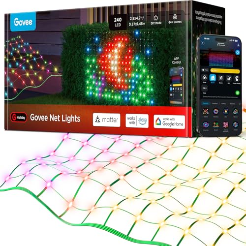 Govee Outdoor Net Lights, 2.8*4.7ft with RGBIC and DIY Functions, 240 LEDs Smart Net Lights with 64 Modes for Bush Patio Decor, Compatible with Alexa