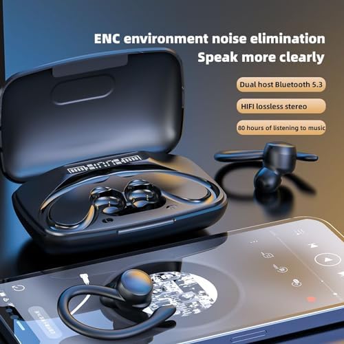 Bitstik Sports Wireless Headphones Bluetooth Earbuds LED Power Display Charging Case Stereo Bass Headset with Earhook Over-Ear Earphones for Workout…