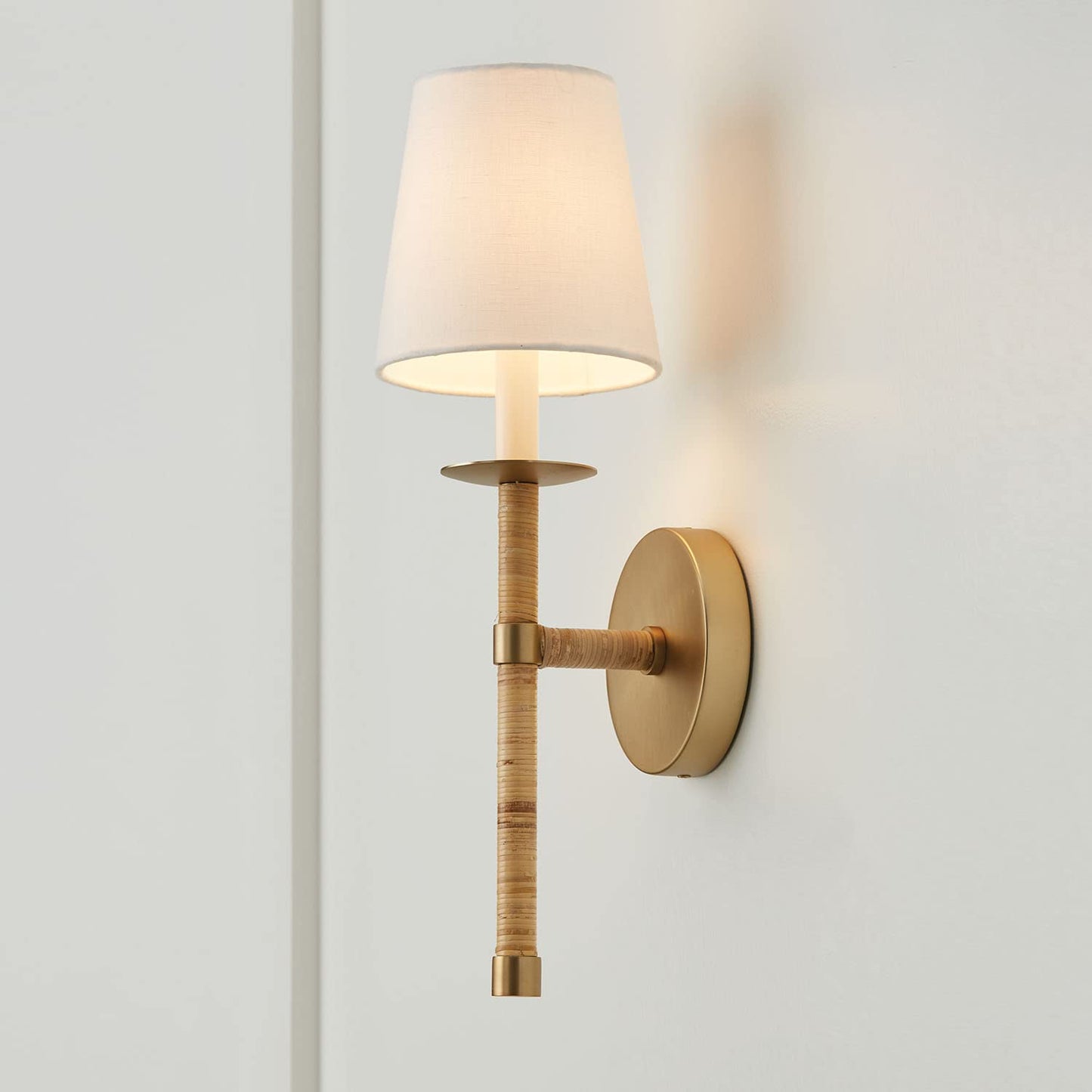 Capital Lighting 647211MA-705 Tulum White Fabric Shade with Handcraft Rattan Torchiere Wall Sconce, 1-Light 60 Watt, 18" H x 6" W, Matte Brass