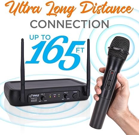 Pyle Channel Microphone System-VHF Fixed Dual Frequency Wireless Set with 2 Handheld Dynamic Transmitter Mics, Receiver Base-for PA, Karaoke, Dj Party