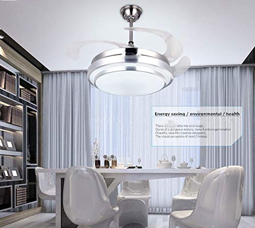 WUPYI 42 Inch Fan Ceiling Light,Invisible Ceiling Fan with Light and Remote Control,LED Three-Color Lights Retractable Blades Chandelier Fan