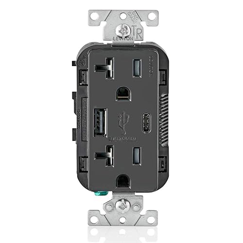 Leviton Type A & Type-C USB In-Wall Charger with 20A Tamper-Resistant Outlet, USB Charger for Smartphones and Tablets. Not for Laptops, T5833-E, Black