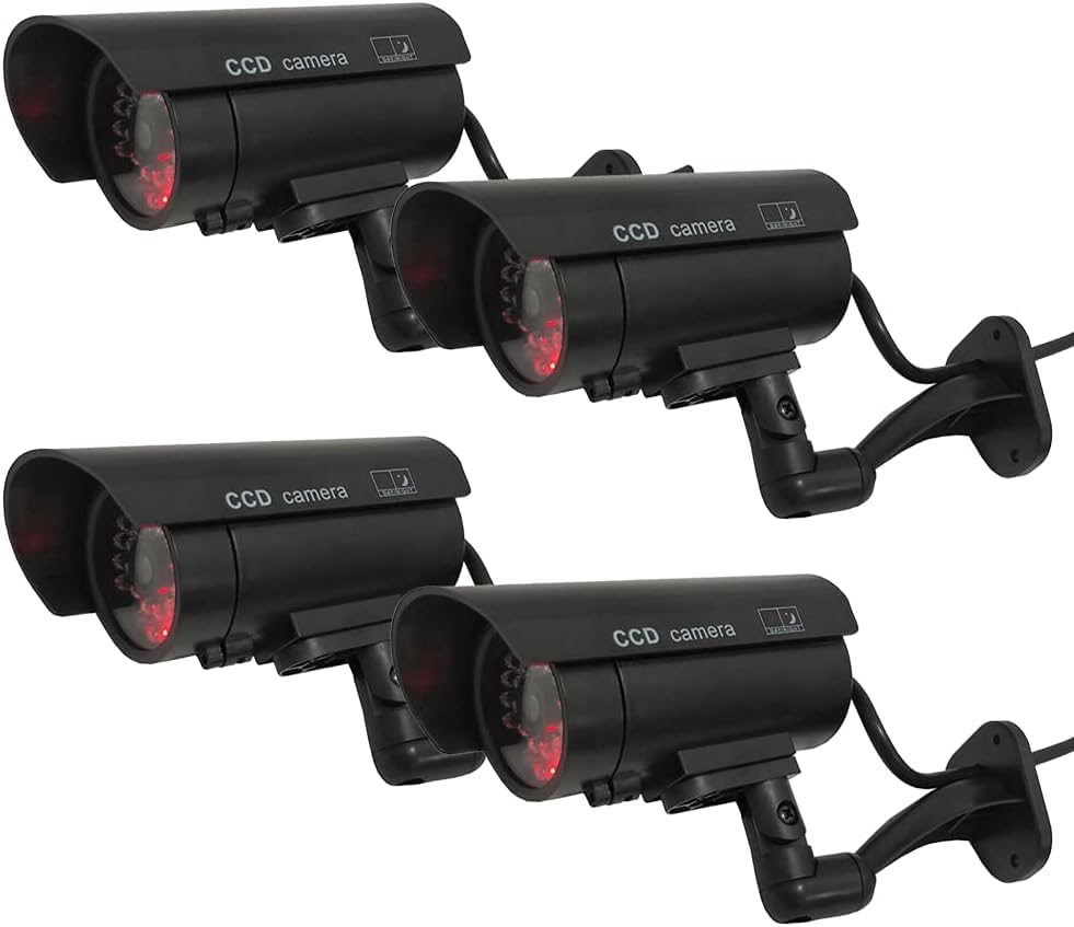 Yuarisx Dummy Security Camera Bullet Fake CCTV Surveillance System Indoor Outdoor with Realistic Simulated LEDs Flashing Lights and Warning Sticker