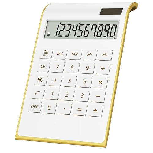 Gold Calculator, 10 Digits Solar Battery Basic, Dual Powered Desktop Calculator, Tilted LCD Display, Inclined Design Slim by Sportsvoutdoors (White