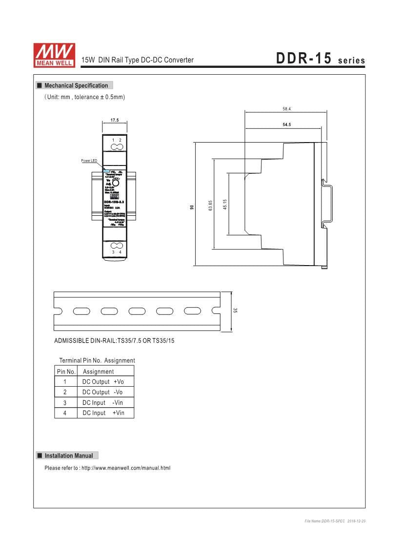 LED POWER Meanwell DDR-15G-5 5V 3A 15W DIN Rail Type DC-DC Converter