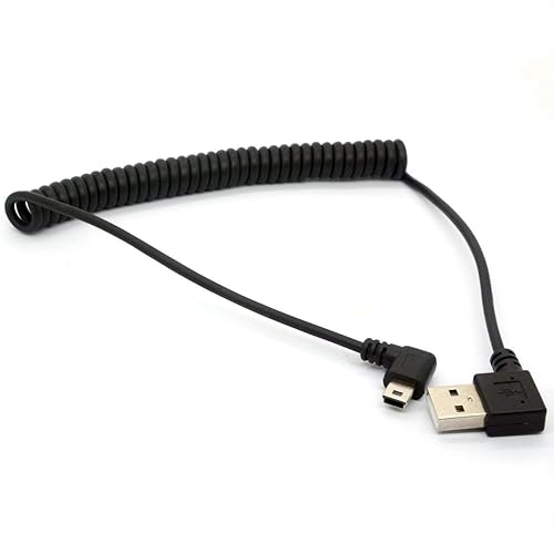 GLHONG Coiled Mini USB Cable, 90 Degree Spring USB 2.0 to Mini USB Cable Cord, Right Angle Charging and Sygn Mini USB Adapter Lead 1.5meter